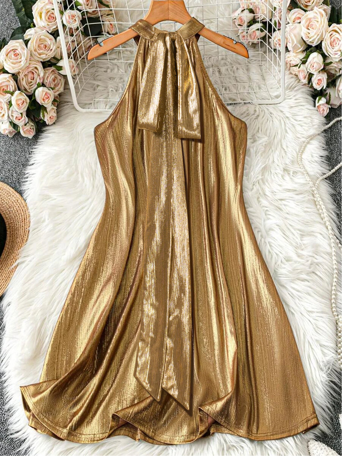 Liquid Metallic Halter Mini Dress – main view
