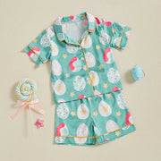 Summer Boy Girl Easter Satin Pajamas Set Bunny Print Short Sleeve Lapel Button Down Tops with Shorts Sleepwear