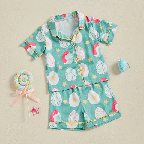 Summer Boy Girl Easter Satin Pajamas Set Bunny Print Short Sleeve Lapel Button Down Tops with Shorts Sleepwear