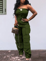 Solid Color Casual Overalls Jumpsuit, Sexy Straight Tube Tube Top Long Jumpsuit, With Pockets, Women's Wear