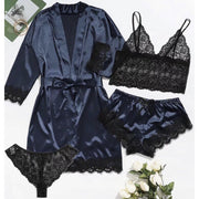 Women' Silk Satin Pajamas Set 4pcs Lingerie Floral Lace Sleepwear With Robe Nightgown Long