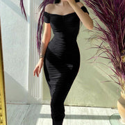 Elegant Pleated Bodycon Formal Dress Women's Off Shoulder Solid Color Gathered Slim Sexy Dress Women Girls Slim Birthday Dresses