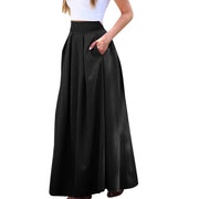 Spring Summer Office Lady Pleated Skirt Women High Waist A Line Floor Length Skirt Faldas With Pockets Solid Baggy Maxi Skirt