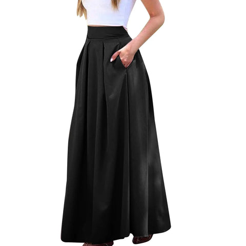 Spring Summer Office Lady Pleated Skirt Women High Waist A Line Floor Length Skirt Faldas With Pockets Solid Baggy Maxi Skirt