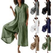 Elegant Casual Short Sleeve Women'S Jumpsuit Solid Colour Mid Length Cotton Linen Shirt Long Jumpsuits For Summer Plus Size