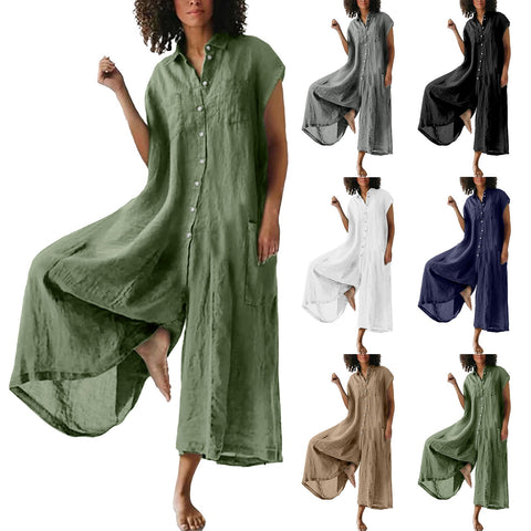 Elegant Casual Short Sleeve Women'S Jumpsuit Solid Colour Mid Length Cotton Linen Shirt Long Jumpsuits For Summer Plus Size