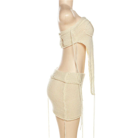 Echoine Irregular RibbonStrapless Crop Top and Mini Skirt Summer Knit Hollow Out See Through Matching Set  Two Piece Set Outfits