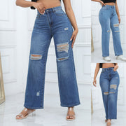 Women'S Ripped Boyfriend Jeans Draping Straight Leg Jeans Ladies Stretch Hole Denim Trousers Button Pocket High Rise Pant