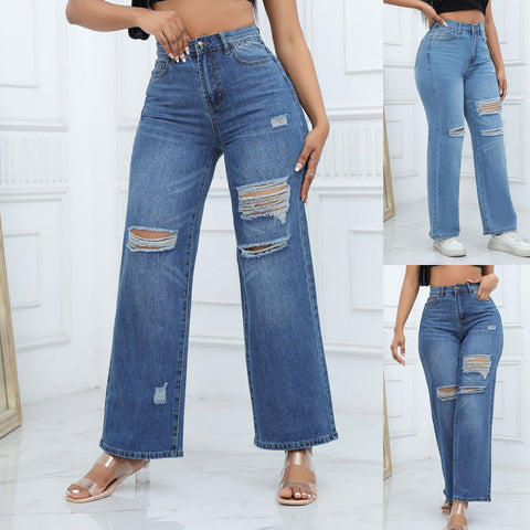 Women'S Ripped Boyfriend Jeans Draping Straight Leg Jeans Ladies Stretch Hole Denim Trousers Button Pocket High Rise Pant