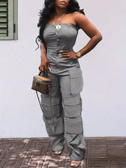 Solid Color Casual Overalls Jumpsuit, Sexy Straight Tube Tube Top Long Jumpsuit, With Pockets, Women's Wear