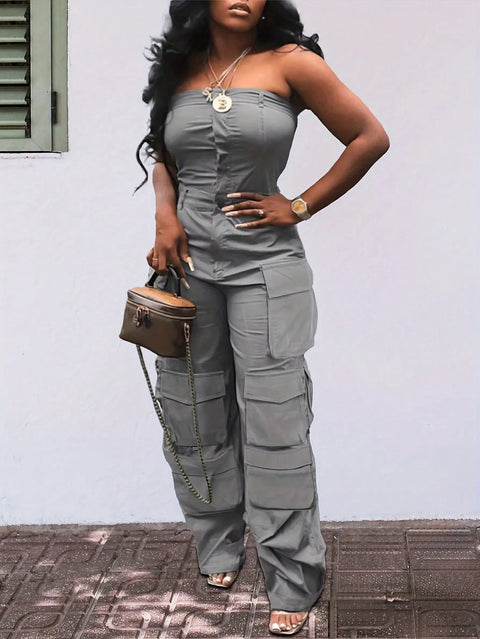 Solid Color Casual Overalls Jumpsuit, Sexy Straight Tube Tube Top Long Jumpsuit, With Pockets, Women's Wear