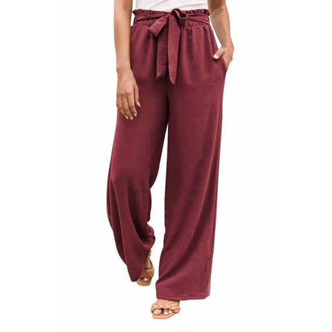 Summer Cargo Pants Women Plus Size High Waisted Tied Belt Palazzo Pants Baggy Flowy Beach Pants With Pockets Women's Pants