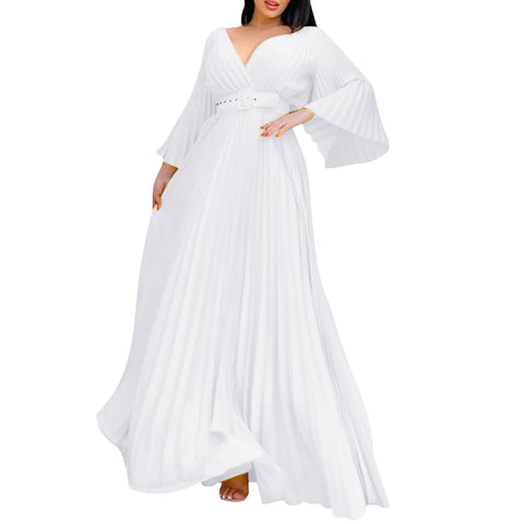 Women's Elegant White Evening Dress Deep V Neck Flare Sleeve Pleated Wedding Guest Dress With Belt Formal Dresses For Women
