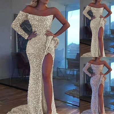 Elegant Sparkly Sequins Dresses Women 2023 Fashion Mermaid Slash Neck One Shoulder Wedding Prom Dress Slim Split Evening Dress