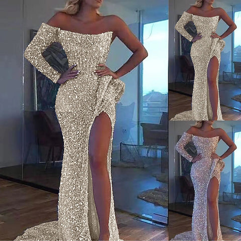 Elegant Sparkly Sequins Dresses Women 2023 Fashion Mermaid Slash Neck One Shoulder Wedding Prom Dress Slim Split Evening Dress