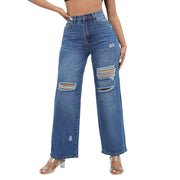 Women'S Ripped Boyfriend Jeans Draping Straight Leg Jeans Ladies Stretch Hole Denim Trousers Button Pocket High Rise Pant