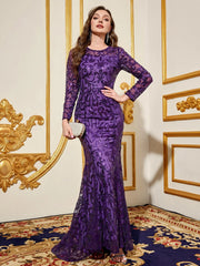 Party Dresses Luxury Women Sequin Dress Purple Round Neck Long Evening Dress Long Sleeved Dress Celebrity Evening Dress Glitter