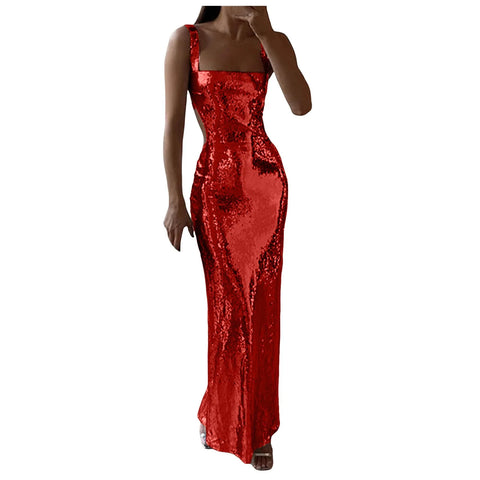 Women Sexy Sequin Bodycon Maxi Dress Fashion Square Neck Back Sleeveless Dresses Female Chic Women'S Plus Size Casual Dress