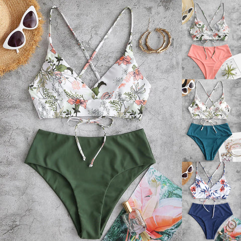 Summer Swimwear Women Bikini Sets Floral Printed Bandage Bathing Suits With Bra Padded Monokini Holiday Conservative Swimsuits