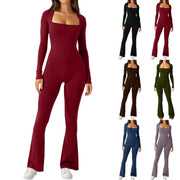 Women Autumn Winter Long Sleeve Bodycon Streetwear Jumpsuit Overall One-Piece Outfit Square Neck Solid Wide Leg Pant Yoga Cloth