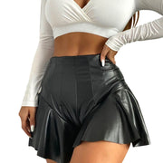 Women Leather Sexy Mini Skirt High Waist Pleated Ruffled Hem Short Hip Pleated Skort Club Shorts Women'S Shorts Outfits Clothing