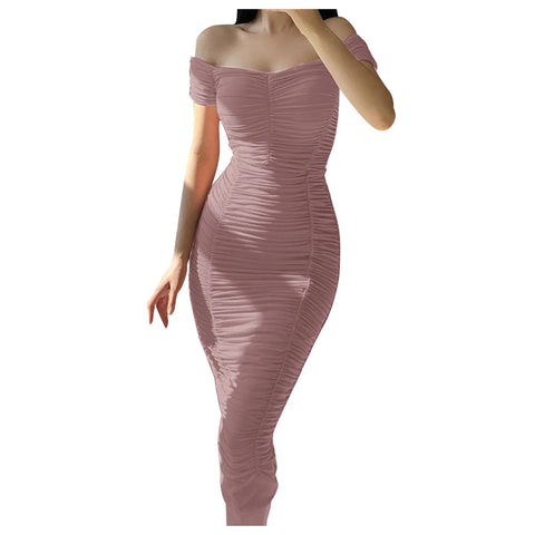 Elegant Pleated Bodycon Formal Dress Women's Off Shoulder Solid Color Gathered Slim Sexy Dress Women Girls Slim Birthday Dresses