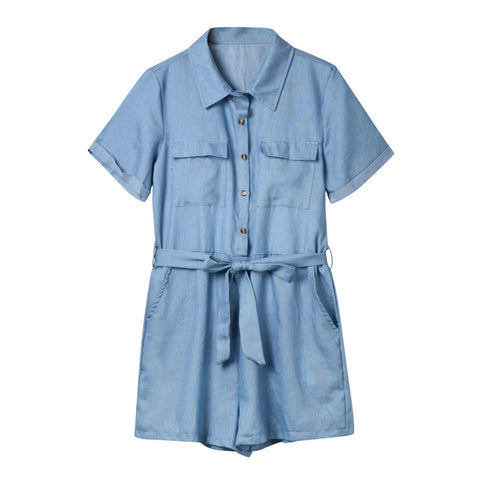 Trousers Women Denim Jeans Women Jumpsuits Solid Lapel Short-Sleeved Jumpsuit Loose Bottoms Casual Short Pants женская одежда