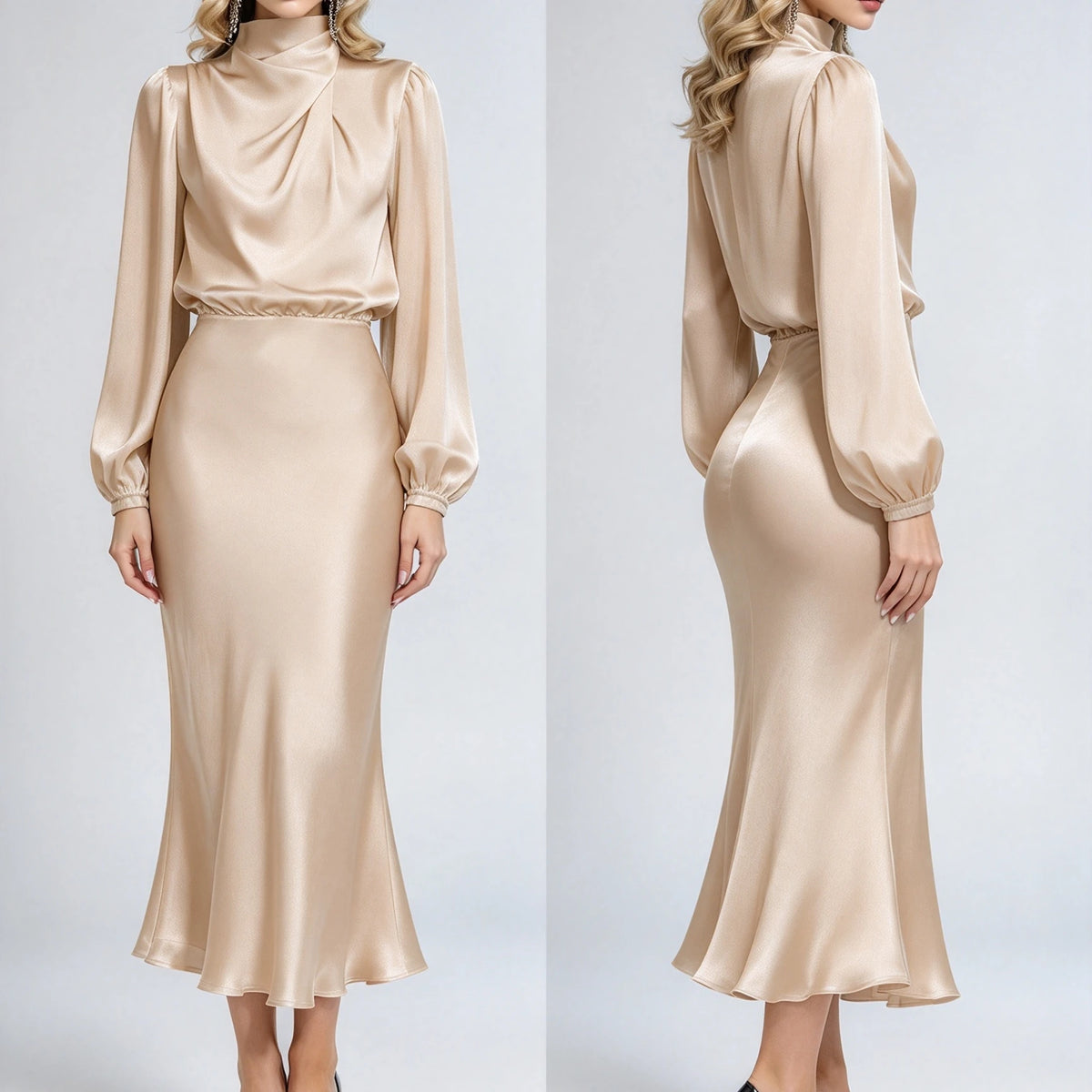 Draped High-Neck Satin Midi Dress – view 7 of 8