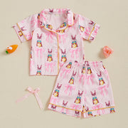 Summer Boy Girl Easter Satin Pajamas Set Bunny Print Short Sleeve Lapel Button Down Tops with Shorts Sleepwear