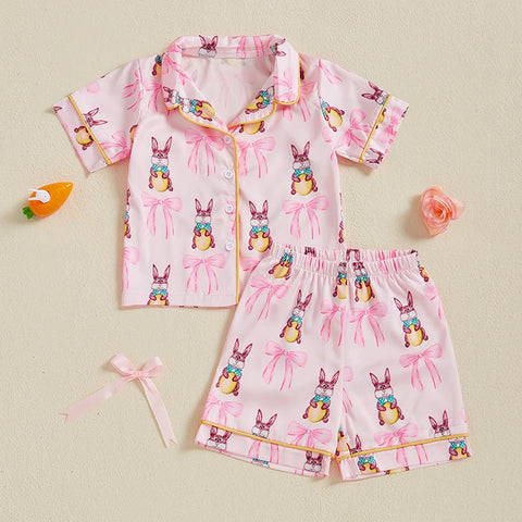 Summer Boy Girl Easter Satin Pajamas Set Bunny Print Short Sleeve Lapel Button Down Tops with Shorts Sleepwear