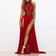 Red Evening Dress Elegant Backless Sleeveless Slit Robe Women Sexy Lace Long Party Dress Neckline Round High Neck Slim Skirt