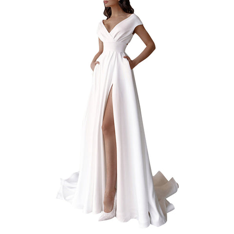 Lady V-Neck Wedding Dress Women Simple Solid White Wedding Evening Dress Elegant Floor Dress Bridal Gowns With Pockets Robes