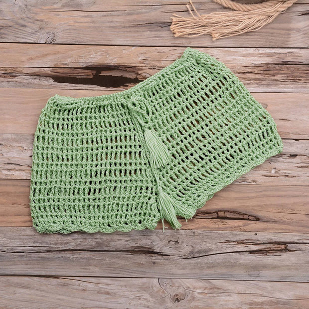Women's Summer Solid Color Handwoven Crochet Bikini  Shorts Beach Swimming Pants Stretchable Strap Hollow Flat Corner Pants