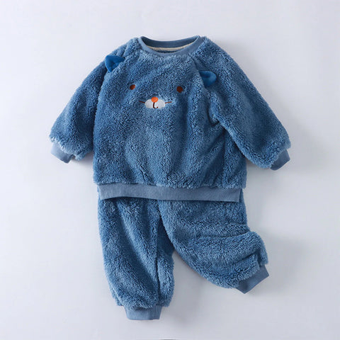 Kids Toddler Sleepwear Boys Girls Fleece Pajamas Set Winter Thickened Warm Sleepwear Set Homewear Tops+Pants Two Pieces Outfits