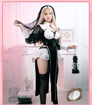 ROLECOS Nun Cosplay Costume Women Uniform Set-Party Halloween Outfit Adult Nun Dress Black Apparel Masquerade Show Costumes