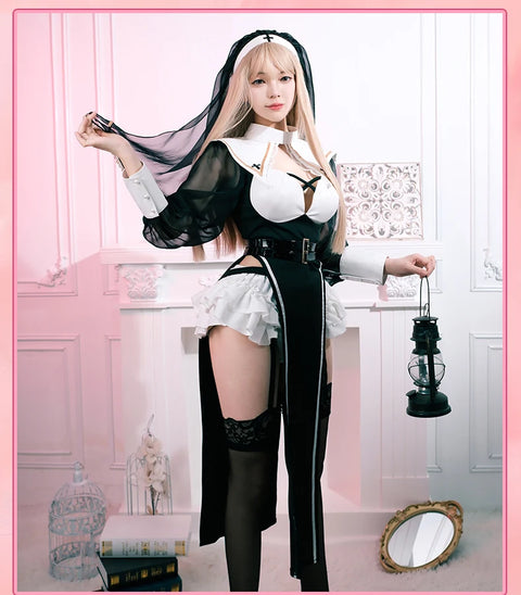 ROLECOS Nun Cosplay Costume Women Uniform Set-Party Halloween Outfit Adult Nun Dress Black Apparel Masquerade Show Costumes