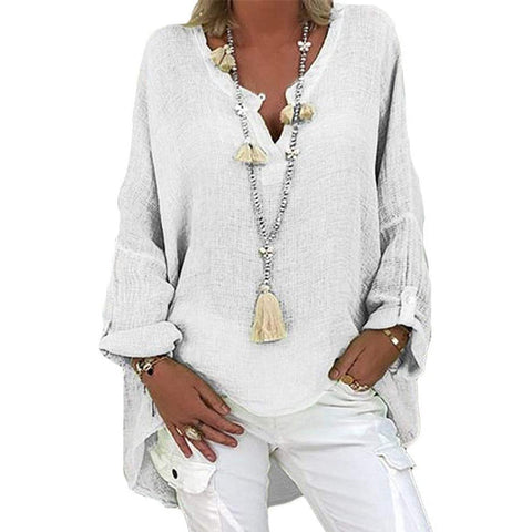 Women's Solid Color Cotton Linen Top Casual Loose Long Sleeve Blouses V-neck Beach Shirts Summer Spring Buttons Tunic Рубашки