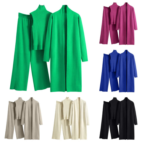 Ladies 3 Piece Outfits Sweater Sets Pullover Crop Top & Knitted Long Cardigan & Wide Leg Pants Suits Autumn Clothes Sets