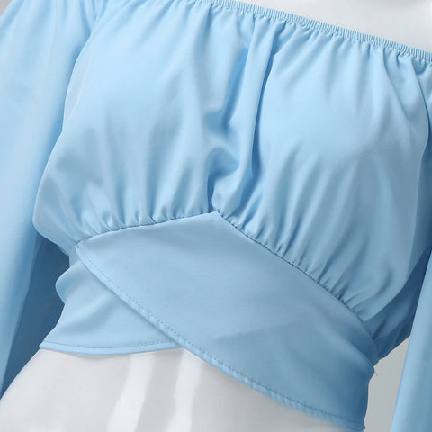 Women Sexy Off Shoulder Long Sleeve Top Self Tie Knot Crop Top Blouse Solid Color WoMen's Blouses Y2k Female Summer Shirts 블라우스
