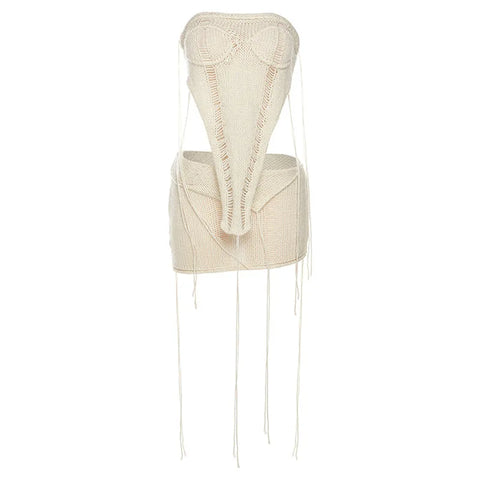 Echoine Irregular RibbonStrapless Crop Top and Mini Skirt Summer Knit Hollow Out See Through Matching Set  Two Piece Set Outfits