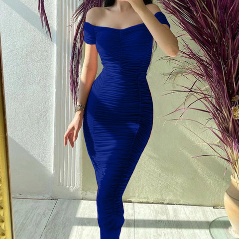 Elegant Pleated Bodycon Formal Dress Women's Off Shoulder Solid Color Gathered Slim Sexy Dress Women Girls Slim Birthday Dresses