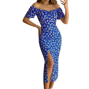 One Line Collar Holiday Dress Wrap Buttocks Slim Waist Dresses With Slit Temperament Chiffon Floral Dresses For Women Plus Size