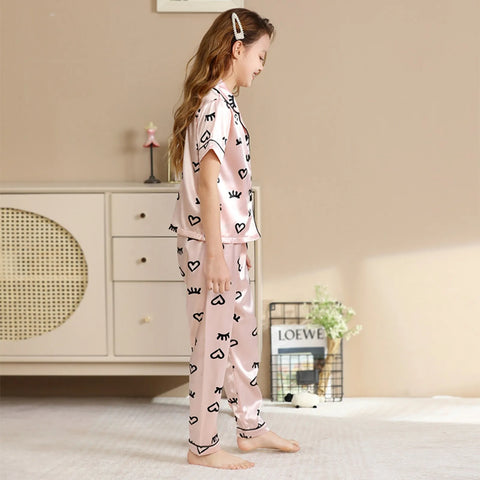 Children's Sleepwear Suits Home Wear Thin Short Sleeve Cardigan Shirts Tops+Pants Children's Pajamas Set Summer Leisure Clothes