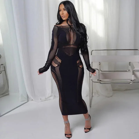 Women Full Sleeve Long Dress Mesh Hollow Out 2024 Fall O-neck Evening Vestidos Sexy Party Club Maxi Dresses Vestidos