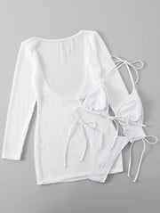 2025 Beach Skirt Swimsuit Women White Three-Piece Bikini Sexy Mesh Long Sleeve Hollow Out Bathing Suit Swimwear Summer Beachwear