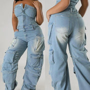 Women's Sexy Off Shoulder Tube Denim Cargo Jumpsuits Wide Leg Baggy Loose Jean Pants Rompers Overalls Control Too Pants
