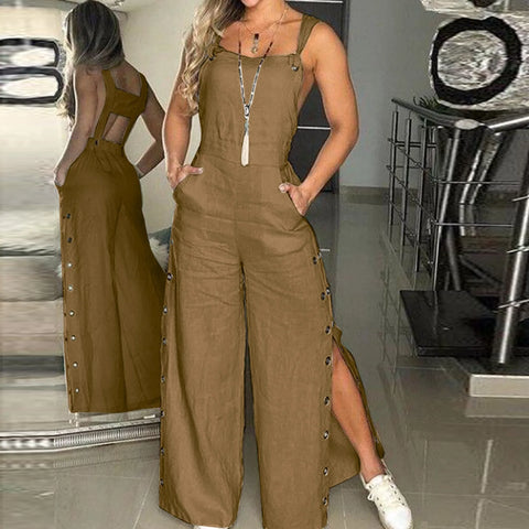 Women's Summer Sleeveless Cotton Linen Playsuits Strappy Side Button Opening Overalls Loose Long Wide Leg Pants Female Jumpsuits