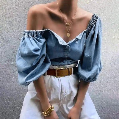 Summer Fashion Office Lady Camisas Blusas Sexy Off Shoulder Bubble Sleeved Denim T-shirt Blouse Beach Party Tops Streetwear