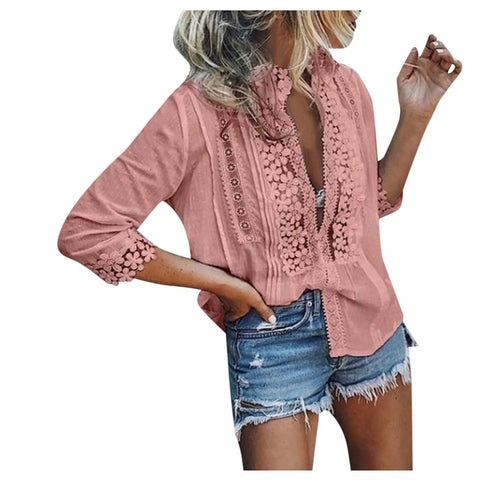 2022 Spring Summer Casual Blouse Women Top And Blouse Lace Crochet Half Sleeve Shirts Elegant Ladies V-Neck Loose Boho Blouse