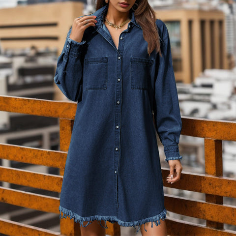 Long Sleeve Denim Female Dress Vintage Loose Button Down Shirt Dresses Ladies Shirts Dress With Pockets Woman Clothing